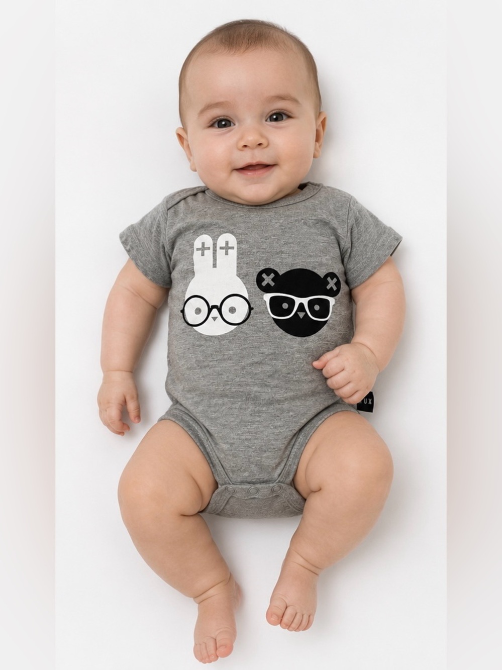 Huxbaby Unisex Gray Graphic Bunny & Bear Bodysuit Onesie